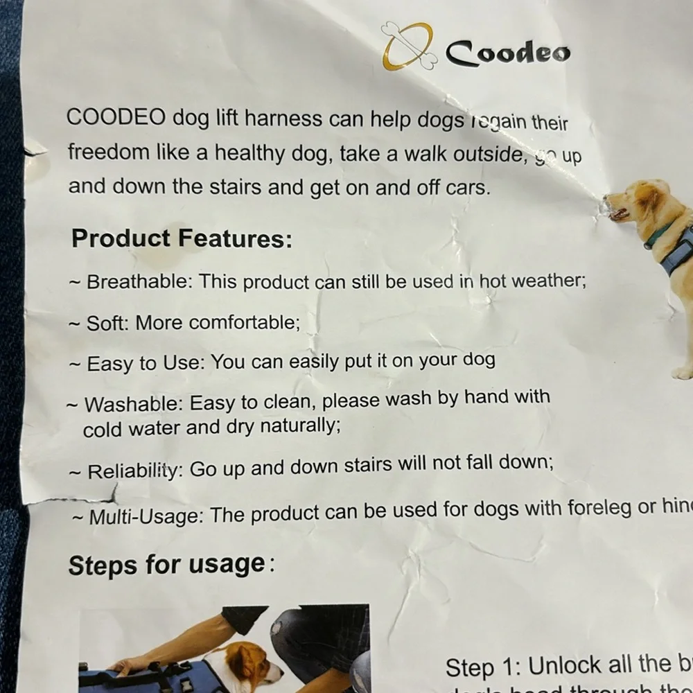 Coodeo Dog Lift Harness, Support & Recovery Sling, Pet Rehabilitation New Sz.L
